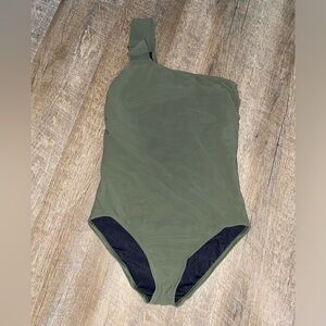 Karla Colletto Asymmetrical One Shoulder One-Piece Swimsuit with Gold Buckle